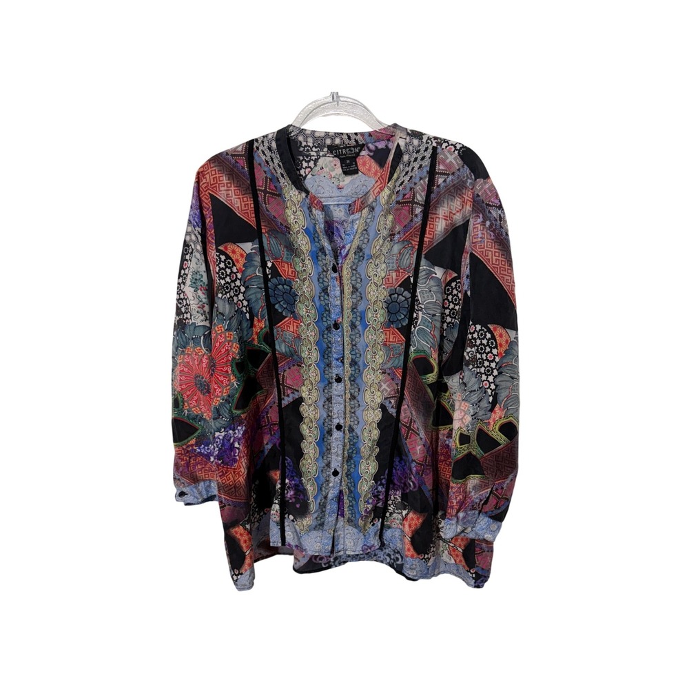 Citron Santa Monica Blouse Womens 3X Multicolor Silk Asian Patchwork Art To Wear